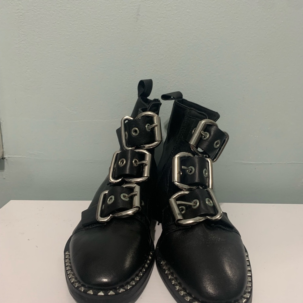 Black Buckle Leather Ankle Boots